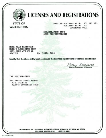 Mark's Locksmith - Washington License